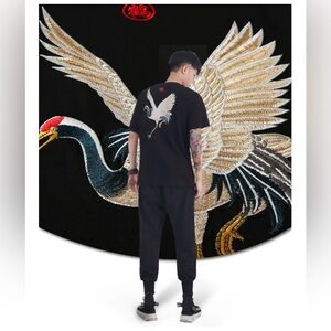 JIEPAIYIEU Black Heavy Cotton Crane Embroidery S-Sleeve Unisex T-Shirt Size M